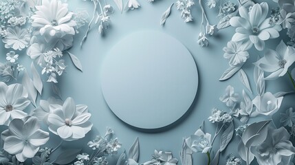 Elegant monochromatic blue paper flowers around a circular text space - obrazy, fototapety, plakaty