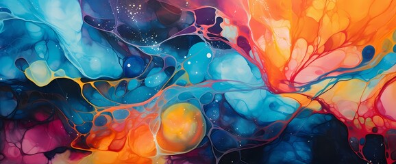 Glittering particles dance amidst bursts of radiant hues, adding an extra layer of charm to this mesmerizing marble ink abstract composition. - obrazy, fototapety, plakaty