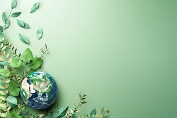 Earth Day concept, illustration of planet earth with green branches on light green background, copy space, holiday banner on ecology themes, top view - obrazy, fototapety, plakaty