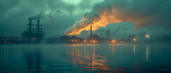 A factory with smoke coming out of it and a foggy sky at night - obrazy, fototapety, plakaty