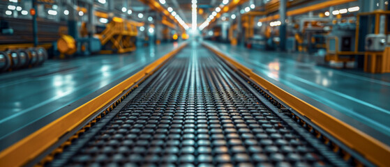 A factory floor with a conveyor belt and a yellow wall