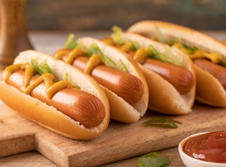 Filling american hot dogs served on wooden board, isolated on wooden rustic background