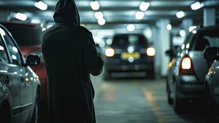 a car thief hotwiring a vehicle in parking garage at night - obrazy, fototapety, plakaty