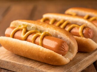 Filling american hot dogs served on wooden board, isolated on wooden rustic background