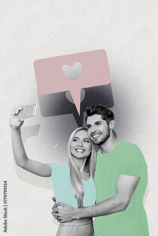 Sticker Vertical photo collage young couple take photo selfie internet social media blogger notification heart icon button like feedback reaction