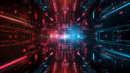 A computer generated image of a city with neon lights and a futuristic feel. The colors are bright and bold, giving the impression of a high-tech environment