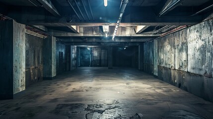 an abandoned underground parking lot with concrete walls, visible piping and a cracked floor - obrazy, fototapety, plakaty
