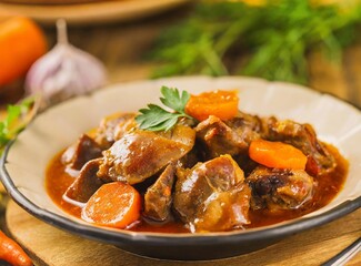Savory Chicken Gizzards Stewed with Carrots in Rich Sauce on Rustic Wooden Table closeup