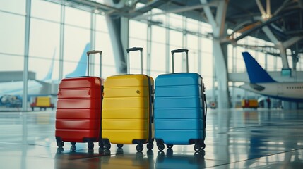 Colorful luggage lined up inside an airport terminal with airplanes in the background - obrazy, fototapety, plakaty