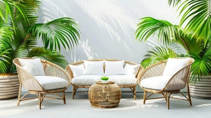 Fototapeta premium Tropical interior design Modern beige wicker furniture with white cushions, surrounded by plant