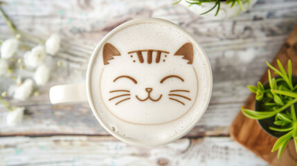 Fototapeta na wymiar Latte art with cute cat face, shot from above on wooden surface