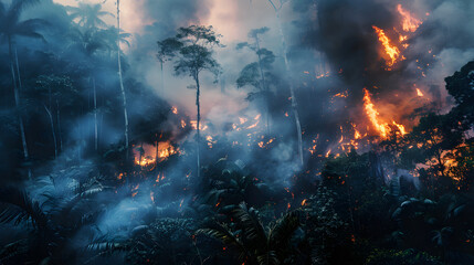 Großer Waldbrand bei Nacht, Regenwald in Flammen, Brandrodung im Regenwald, Starkes Feuer im Wald, Auswirkung auf das Klima  