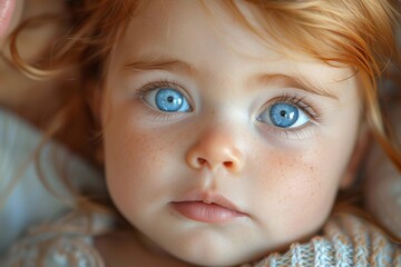 The innocence of a baby girl with mesmerizing blue eyes and a hint of a smile captured close-up - obrazy, fototapety, plakaty