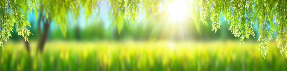 Abstract blurred illustration sun rays break through willow leaves. Background for design, place for text.	
