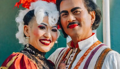 A man and a woman with make-up and colourful kitch costumes.