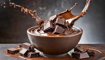 Splash of some chunks of chocolate falling into a cup of liquid chocolate and splashing all around. - obrazy, fototapety, plakaty