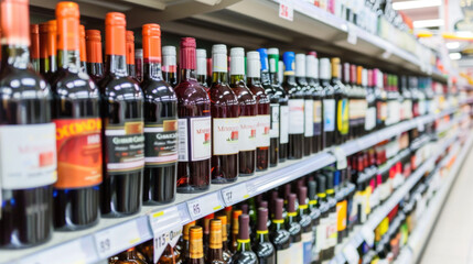 Shelf with wine bottles in a supermarket