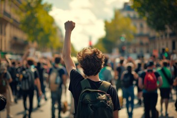 Rear view of a young activist with a raised fist during a calm protest on a sunny day, embodying the spirit of freedom and change. - obrazy, fototapety, plakaty