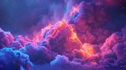 Fototapeta na wymiar 3D render of a colorful cloud with glowing neon in the shape of a pyramid