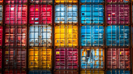 An industrial backdrop of shipping containers stacked high ,