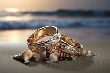 Close up image mocking up of an elegant gold and silver wedding ring, shining under sunlight, on sand branches and sea wave of tropical background. Generative AI.