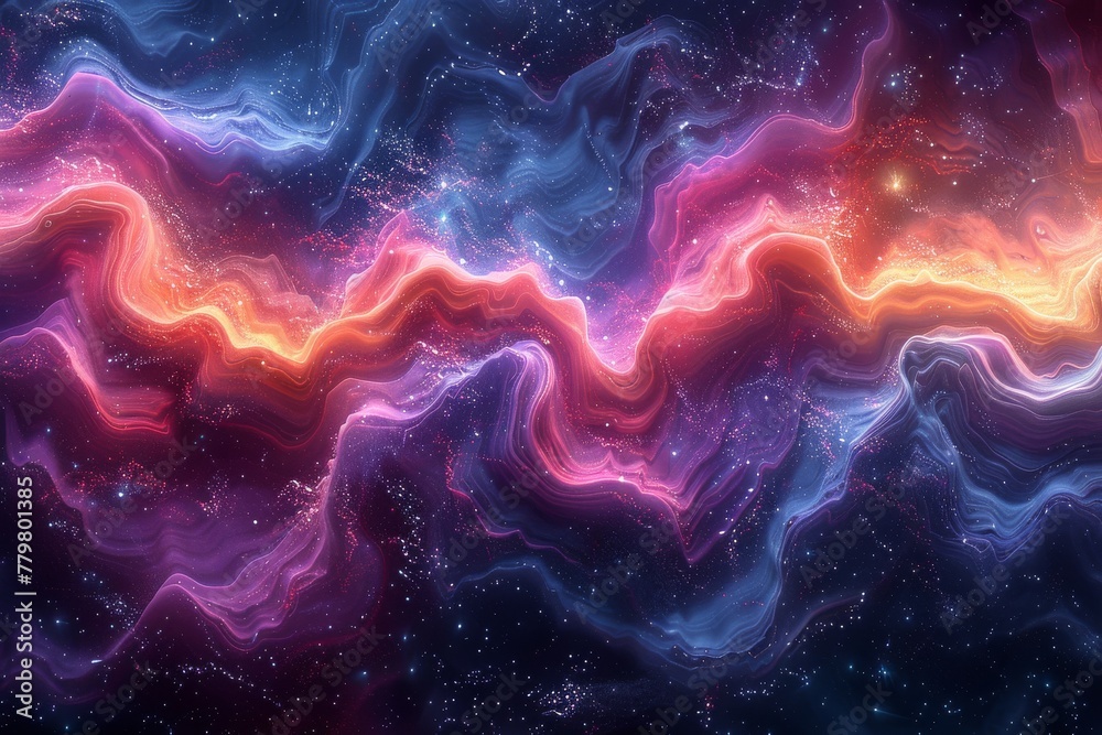 Sticker vibrant abstract image featuring waves of neon colors with a subtle starry background suggesting cos
