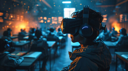 Virtual Classroom, holographic teacher, students in VR headsets, interactive lesson on floating screens, digital books Realistic, futuristic lighting, depth of field bokeh effect - obrazy, fototapety, plakaty