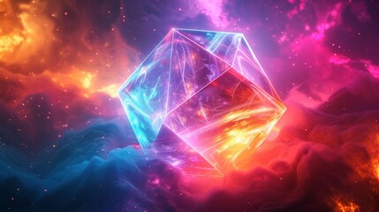 3D render of a colorful cloud with glowing neon, shaped like a hypnotic icosahedron - obrazy, fototapety, plakaty