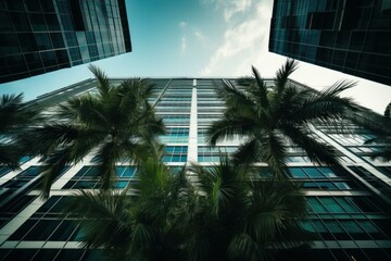 Fototapeta na wymiar Radiant Palm leaves front skyscraper lights. Office tree. Generate Ai