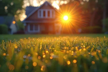 Poster Captivating morning view with glistening dew on grass and the warm glow of sunrise, highlighting a suburban house © Larisa AI