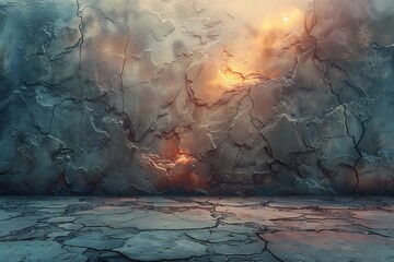 This dramatic image vividly portrays an apocalyptic landscape with cracked earth under an ominous...