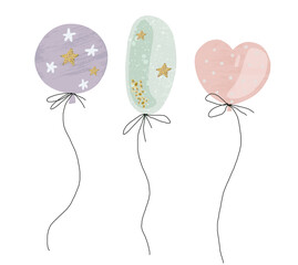 set of hand drawn balloons in pastel colors with stars and hearts, digital illustrationИллюстрация без названия - 779801727