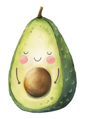 green avocado character with charming face and cute cheeks, watercolor illustration hand painted