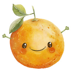 orange orange character with charming face and cute cheeks, watercolor illustration hand painted