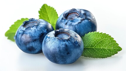 Obraz premium Three blueberries, a type of fruit, with green leaves on a white background
