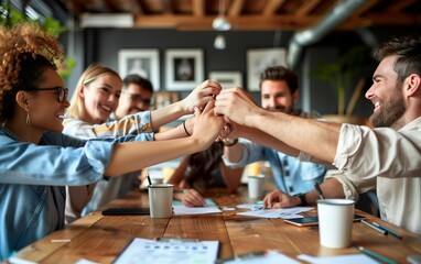 Diverse business team celebrate success with fist bumps in an office meeting room.
