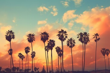 Obraz premium Glamorous Palm beach retro style. Miami sunset. Generate Ai
