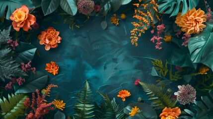 Fototapeta na wymiar Vibrant tropical flowers and foliage on a turquoise background