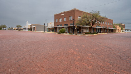 Downtown brick street intersection in Lamesa, Texas, USA