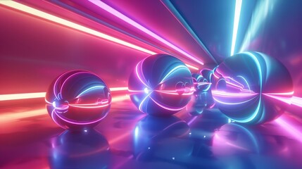 3D render of glowing neon spheres arranged in a geometric pattern