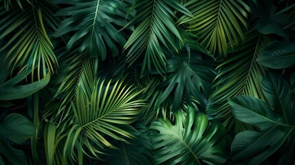Fototapeta na wymiar Lush green tropical leaves creating a dense, textured background