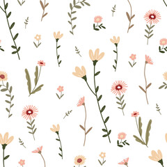 Seamless pattern with delicate flowers in doodle style. Handmade fabric, gift packaging.