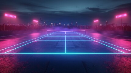 3D render of glowing neon tennis court on black background, in the style of dynamic