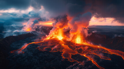 A volcano erupts with smoke and fire, creating a dramatic and intense scene - obrazy, fototapety, plakaty