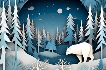 papercut style of winter season,forest,snow,tree,bear,vector graphic