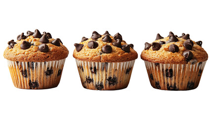Three Chocolate chip muffin, Isolated on white background PNG - obrazy, fototapety, plakaty