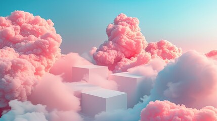 A 3D illustration featuring cloud-like formations blending with geometric shapes