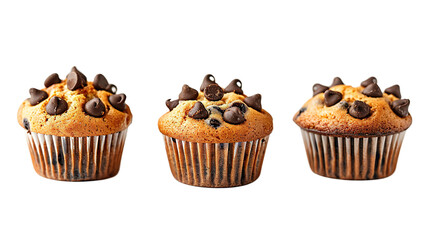 Three Chocolate chip muffin, Isolated on white background PNG