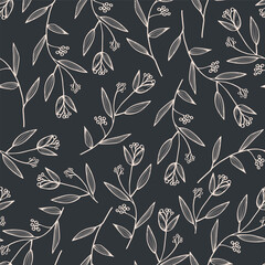 Seamless pattern with hand-drawn branches and flowers on a dark background.