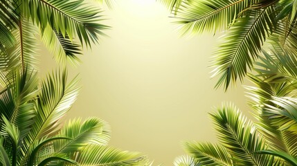 Fototapeta na wymiar Tropical frame of green palm leaves on light yellow background